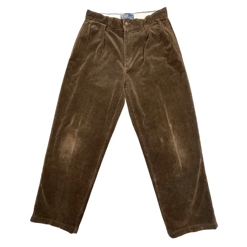 Vtg Polo Ralph Lauren Brown Andrew Pleated Corduroy Pants Mens 33x30